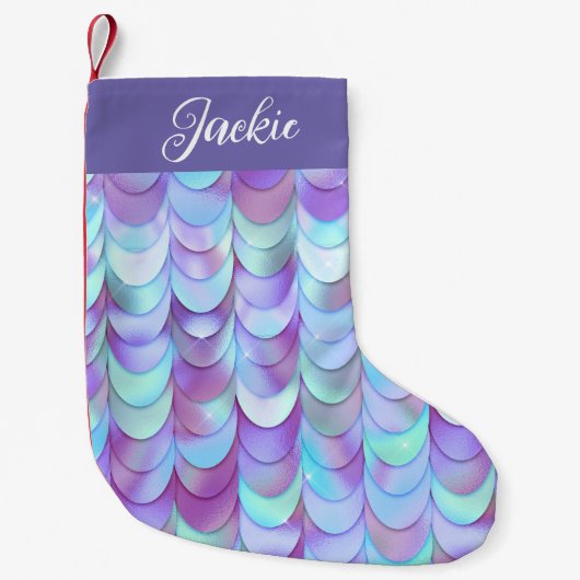 Petite Chaussette De Noël Monogramme de sirène d'iridescente violette (Devant)