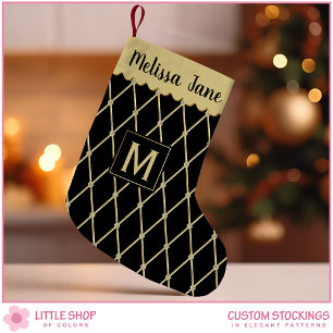 Petite Chaussette De Noël Monogramme élégant à motif diamant noir et or