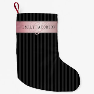 Petite Chaussette De Noël Monogramme Faux Or Rose Rayures Noires & Grises