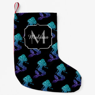Petite Chaussette De Noël Monogramme motif paillettes dégradé bleu aqua Sirè