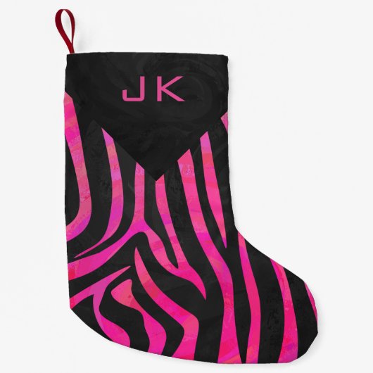 Petite Chaussette De Noël Monogramme noir et rose chaud Zebra Design (Devant)