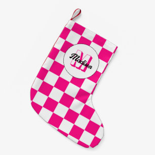 Petite Chaussette De Noël Monogramme rétro géométrique blanc rose vif à carr