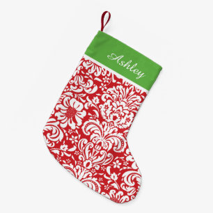 Petite Chaussette De Noël Monogramme rouge et vert de vacances Damas