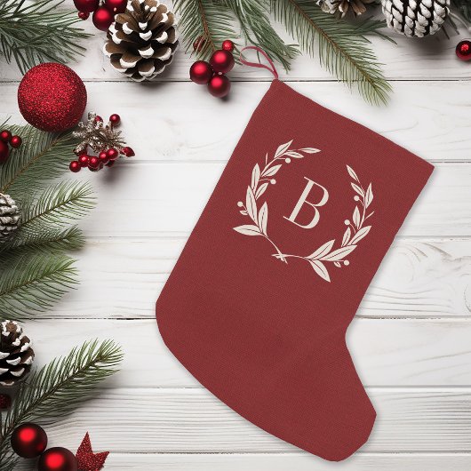 Petite Chaussette De Noël Monogramme rustique de couronne de laurier rouge