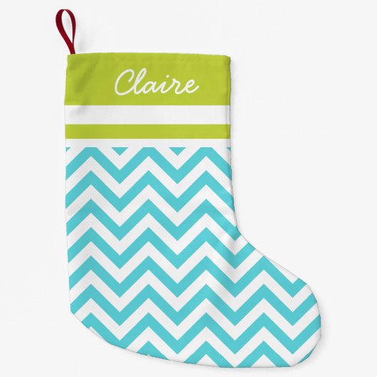 Petite Chaussette De Noël Monogramme Turquoise et Vert Chevron (Devant)
