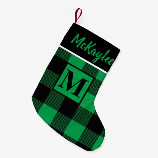 Petite Chaussette De Noël Monogramme Vert et noir Buffle Plaid Personnaliser (Devant (Accrochage))