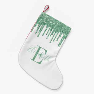 Petite Chaussette De Noël Monogramme Vert Faux Paillettes Coulantes Blanc