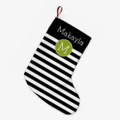 Petite Chaussette De Noël Monogramme vert Motif rayé noir et blanc (Devant (Accrochage))