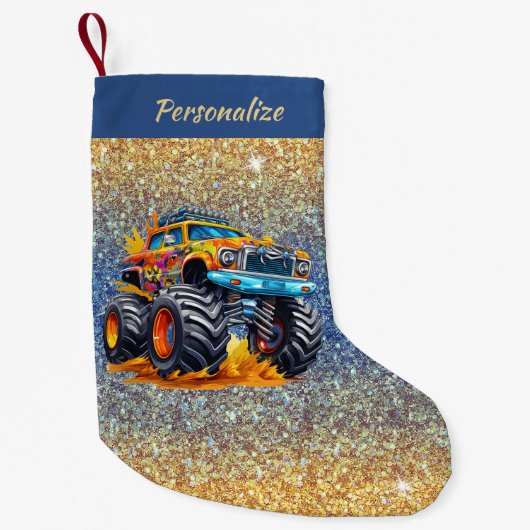 Petite Chaussette De Noël Monster Truck Flames Glitter Background Christmas (Devant)