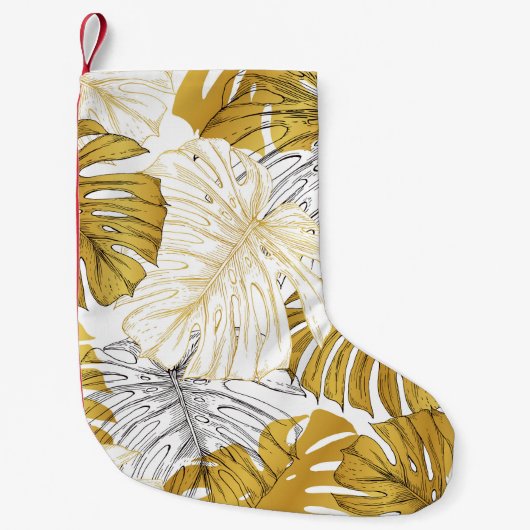 Petite Chaussette De Noël Monstera Feuilles : Blanc doré (Devant)
