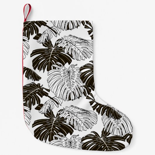 Petite Chaussette De Noël Monstera Monochrome : Noir-Blanc Sans Fil. (Devant)
