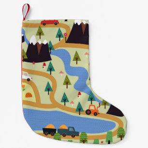 Petite Chaussette De Noël Montagnes, rivières, forêt, motif automobile.