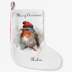Petite Chaussette De Noël Motif Aquarelle Rouge Robin D'Hiver