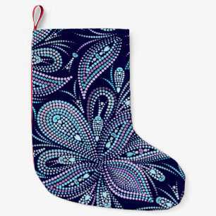 Petite Chaussette De Noël Motif bleu pointillé avec cachemire et perles. Nom