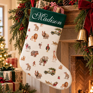 Petite Chaussette De Noël Motif d'animaux de Noël Safari aquarelle