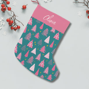 Petite Chaussette De Noël Motif d'arbre de Noël rose et vert personnalisé
