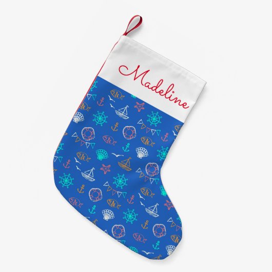 Petite Chaussette De Noël Motif de dessin de calque marine| Ajouter votre no (Devant (Accrochage))