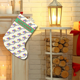 Petite Chaussette De Noël Motif de dinosaure portant un chapeau de Père Noël