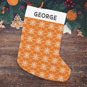 Petite Chaussette De Noël Motif de flocons de neige festifs Orange brûlé sur