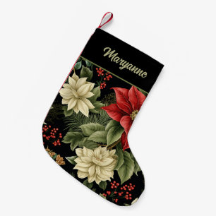 Petite Chaussette De Noël Motif de Poinsettia Vintage sur Fond Noir