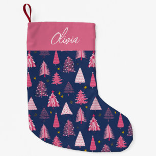 Petite Chaussette De Noël Motif de sapin de Noël rose et bleu personnalisé