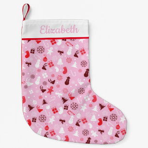 Petite Chaussette De Noël Motif Festif De La Neige Rouge Et Rose