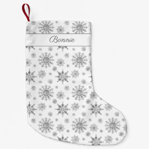 Petite Chaussette De Noël Motif Flocons de Neige Gris Argent & Nom Personnal