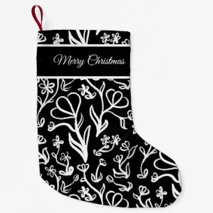 Petite Chaussette De Noël Motif floral en blanc sur noir