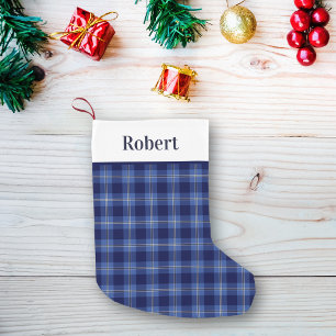 Petite Chaussette De Noël Motif moderne bleu Tartan Plaid avec nom