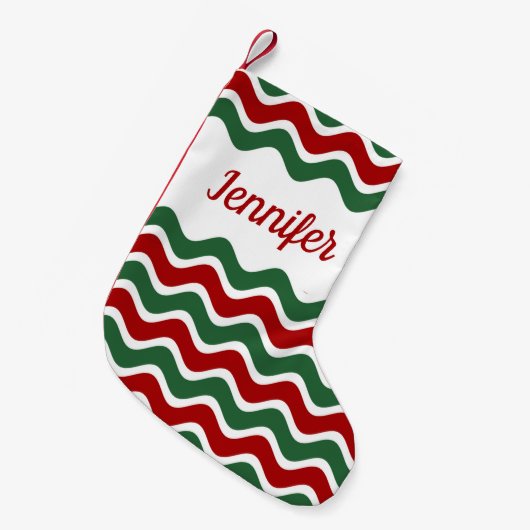 Petite Chaussette De Noël Motif moderne Red Green Stripes Nom (Devant (Accrochage))