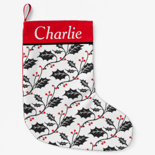Petite Chaussette De Noël Motif moderne rouge et noir Holly personnalisé