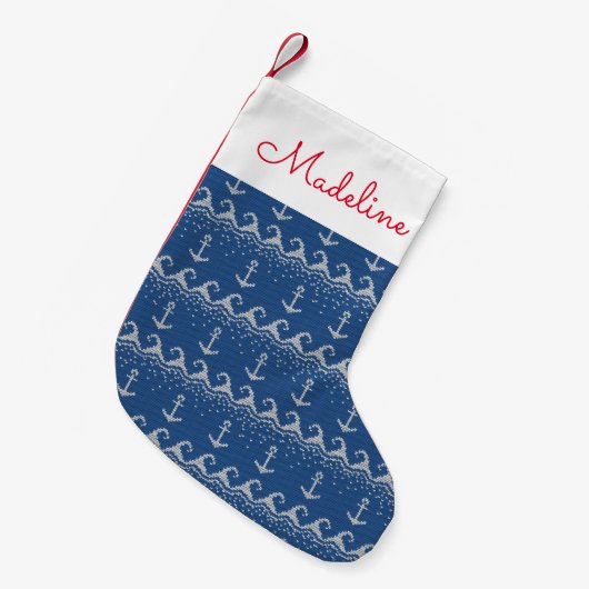 Petite Chaussette De Noël Motif Nautical Knit| Ajouter votre nom (Devant (Accrochage))