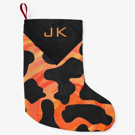 Petite Chaussette De Noël Motif noir et orange de vache à monogramme (Devant)