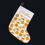 Petite Chaussette De Noël Motif Orange Beach Shell| Ajouter votre nom<br><div class="desc">Illustration Coquillages décoratifs et étoiles de mer| © et ® Bigstock® - Tous droits réservés.</div>