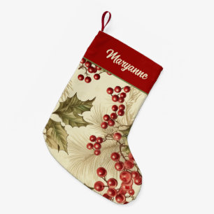 Petite Chaussette De Noël Motif Poinsettia et Baies Vintage