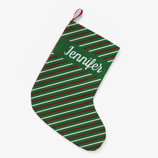 Petite Chaussette De Noël Motif rayé vert moderne Nom (Devant (Accrochage))