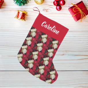 Petite Chaussette De Noël Motif rouge et blanc Poinsettia avec nom