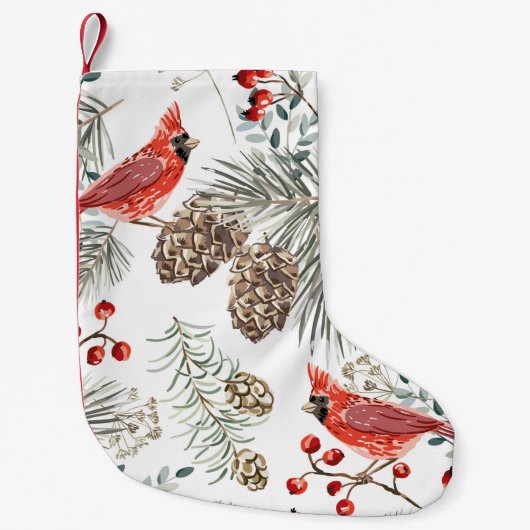 Petite Chaussette De Noël Motif sans soudure de Noël, oiseaux cardinaux, rou (Devant)