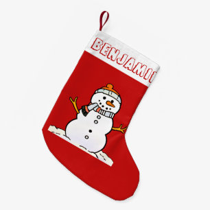 Petite Chaussette De Noël Motif Snowman   Nom d'enfant rouge