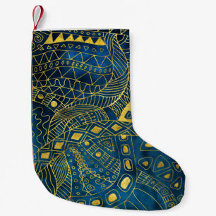 Petite Chaussette De Noël Motif tribal d'aquarelle et d'or sur le bleu