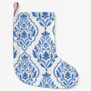 Petite Chaussette De Noël Motif vintage sans couture bleu et blanc damassé. 