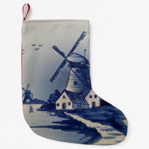 Petite Chaussette De Noël Moulin à vent bleu blanc de Delft vintage