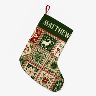 Petite Chaussette De Noël Noël en carrés de quilt rouge et vert vintage