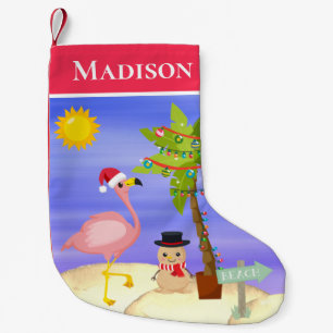 Petite Chaussette De Noël Noël Flamant rose d'été Plage Nom personnalisé