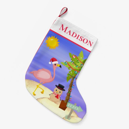 Petite Chaussette De Noël Noël Flamant rose d'été Plage Nom personnalisé (Devant (Accrochage))