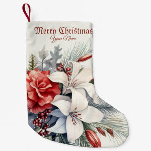 Petite Chaussette De Noël Noël Fleurs Blanches Rouges Fêtes Élégant