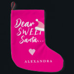 Petite Chaussette De Noël Noël moderne cher Père Noël script votre nom rose<br><div class="desc">Typographie décontractée moderne et tendance cher script Père Noël doux avec un coeur et chapeau de Père Noël faisant un Noël vacances amusant bas rose chaud.                  Personnalisez-le avec votre nom !</div>
