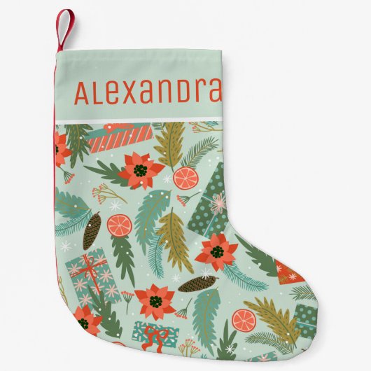 Petite Chaussette De Noël Noël Sage d'hiver Green Red Poinsetty Nom (Devant)