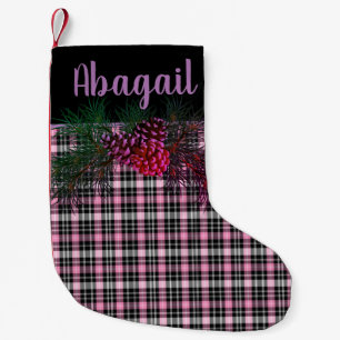 Petite Chaussette De Noël Noir rustique, carreaux tartan rose - cône de pin