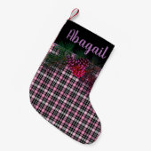 Petite Chaussette De Noël Noir rustique, tartan rose plaid - cône de pin (Devant (Accrochage))